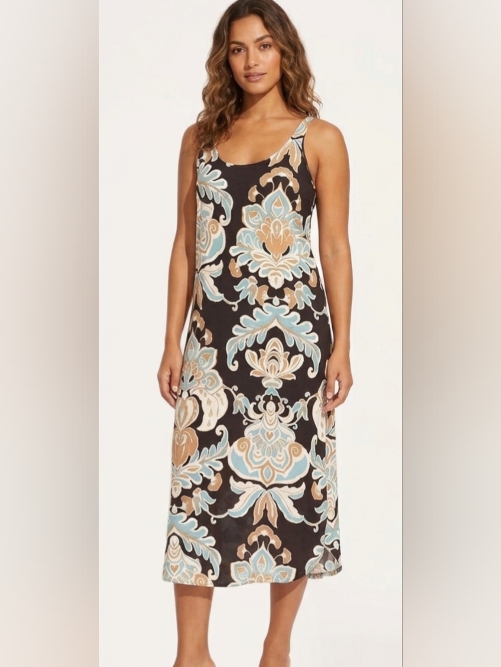 NWT Karen Kane Side-Slit Tank Black  Dress W Damask Flower Print Size M